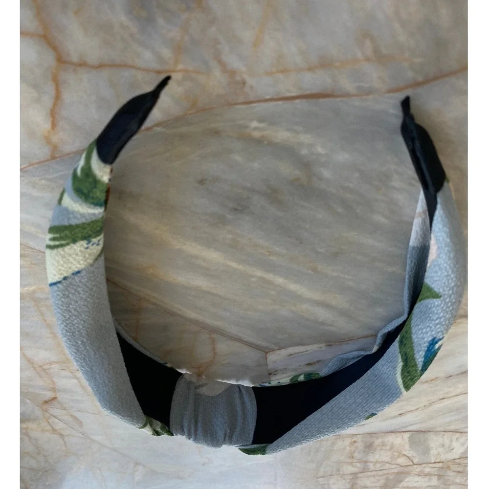 Blue Botanical Leaf Print Top Knot Headband Textured Crepe Wide Hair Band